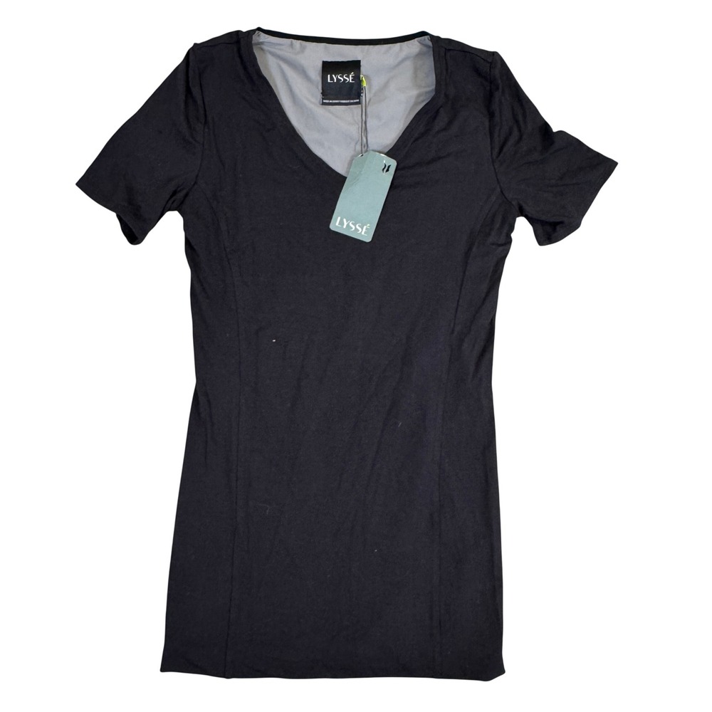 NWT Lysse Womens Black V-Neck Short Sleeve Seamed T-Shirt Top Size Small NWT